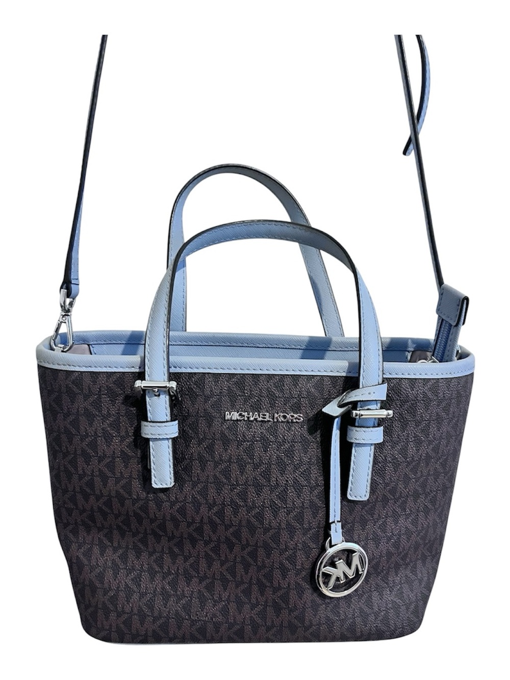 Michael Kors Brown Signature Shoulder Tote with Light Blue Trim